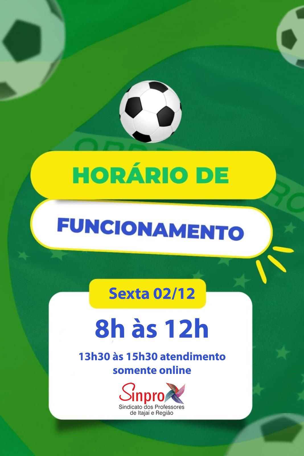 Horário de funcionamento – 02/12 – jogo seleção brasileira