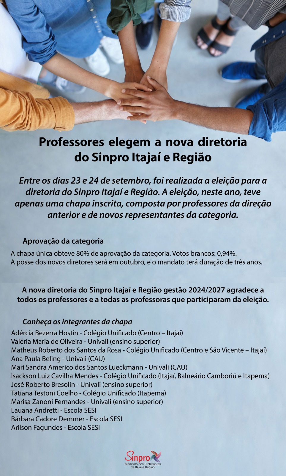 Professores elegem a nova diretoria do Sinpro Itajaí e Região